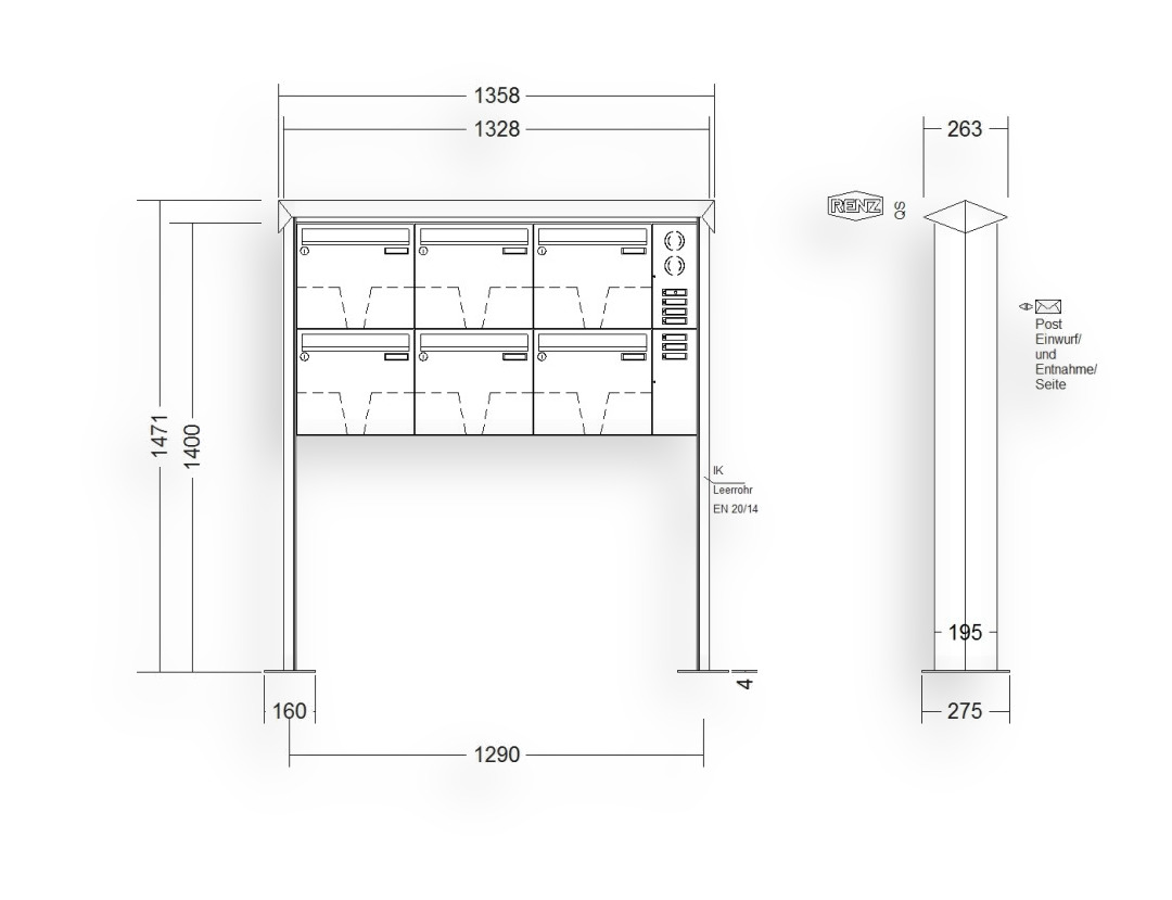 RENZ Briefkastenanlage freistehend · 6-teilig Installationskasten rechts 370 × 330 × 145 mm Edelstahl Prisma mit Fußplat RENZ Briefkastenanlage freistehend · 6-teilig Installationskasten rechts 370 × 330 × 145 mm Edelstahl Prisma mit F