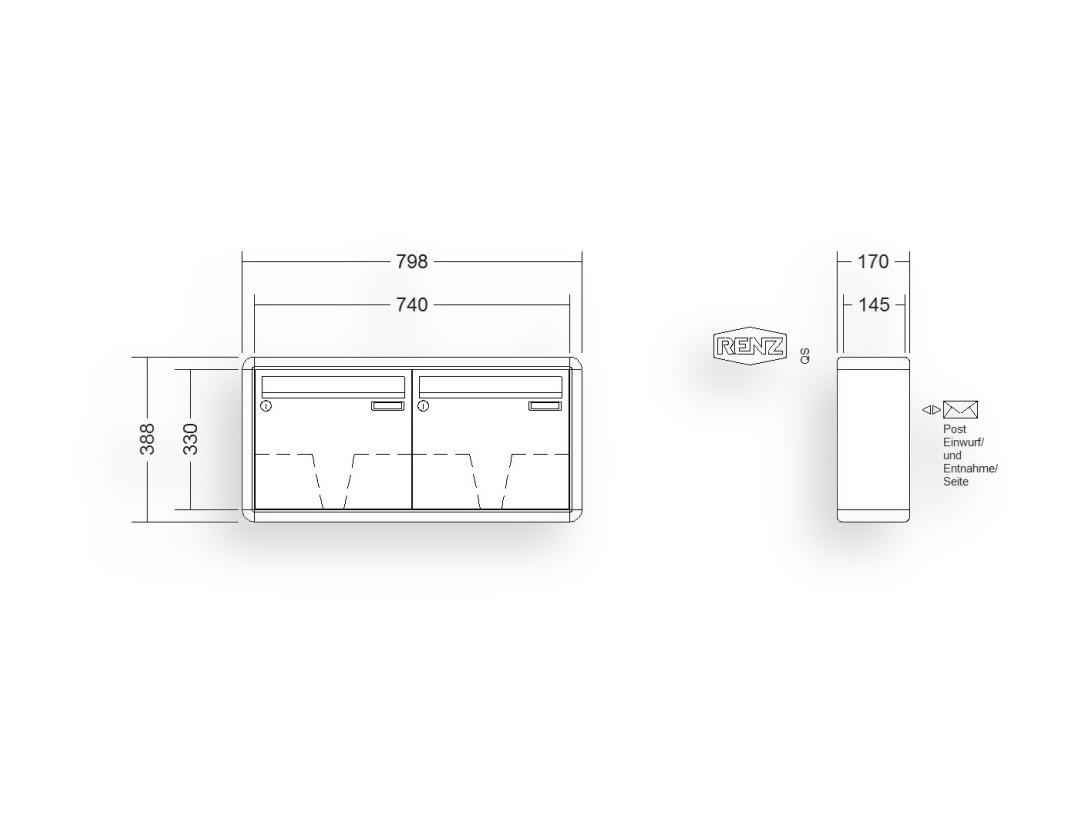 RENZ Briefkastenanlage Aufputz · 2-teilig 370 × 330 × 145 mm RS 2000 lackiert RENZ Briefkastenanlage Aufputz · 2-teilig 370 × 330 × 145 mm RS 2000 lackiert
