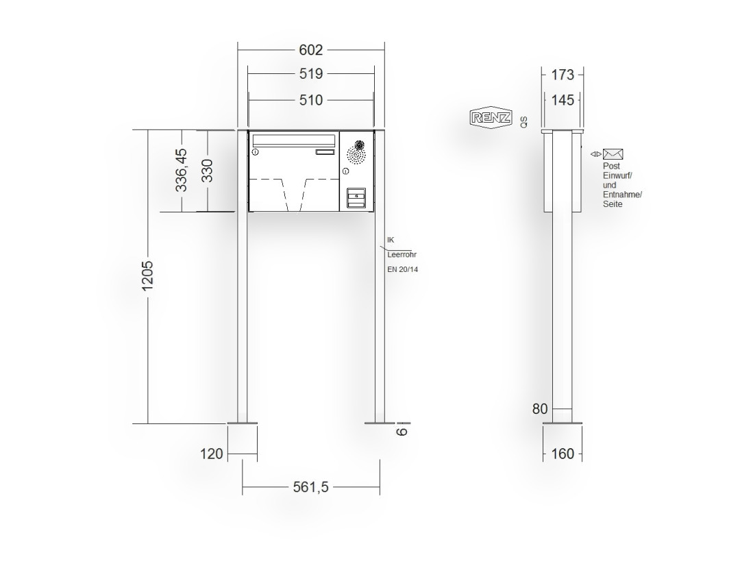 RENZ Briefkastenanlage freistehend · BASIC (B) · 1-teilig 370 × 330 × 145 mm FS. Typ B Installationskasten rechts Edel. mit F RENZ Briefkastenanlage freistehend · BASIC (B) · 1-teilig 370 × 330 × 145 mm FS. Typ B Installationskasten rechts