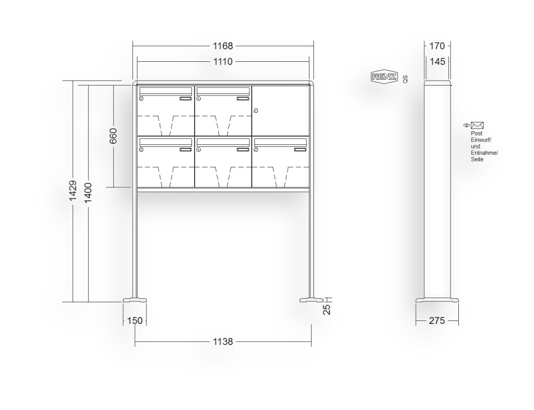 RENZ Briefkastenanlage freistehend · 5-teilig 370 × 330 × 145 mm RS 2000 lackiert mit Fußplatten RENZ Briefkastenanlage freistehend · 5-teilig 370 × 330 × 145 mm RS 2000 lackiert mit Fußplatten