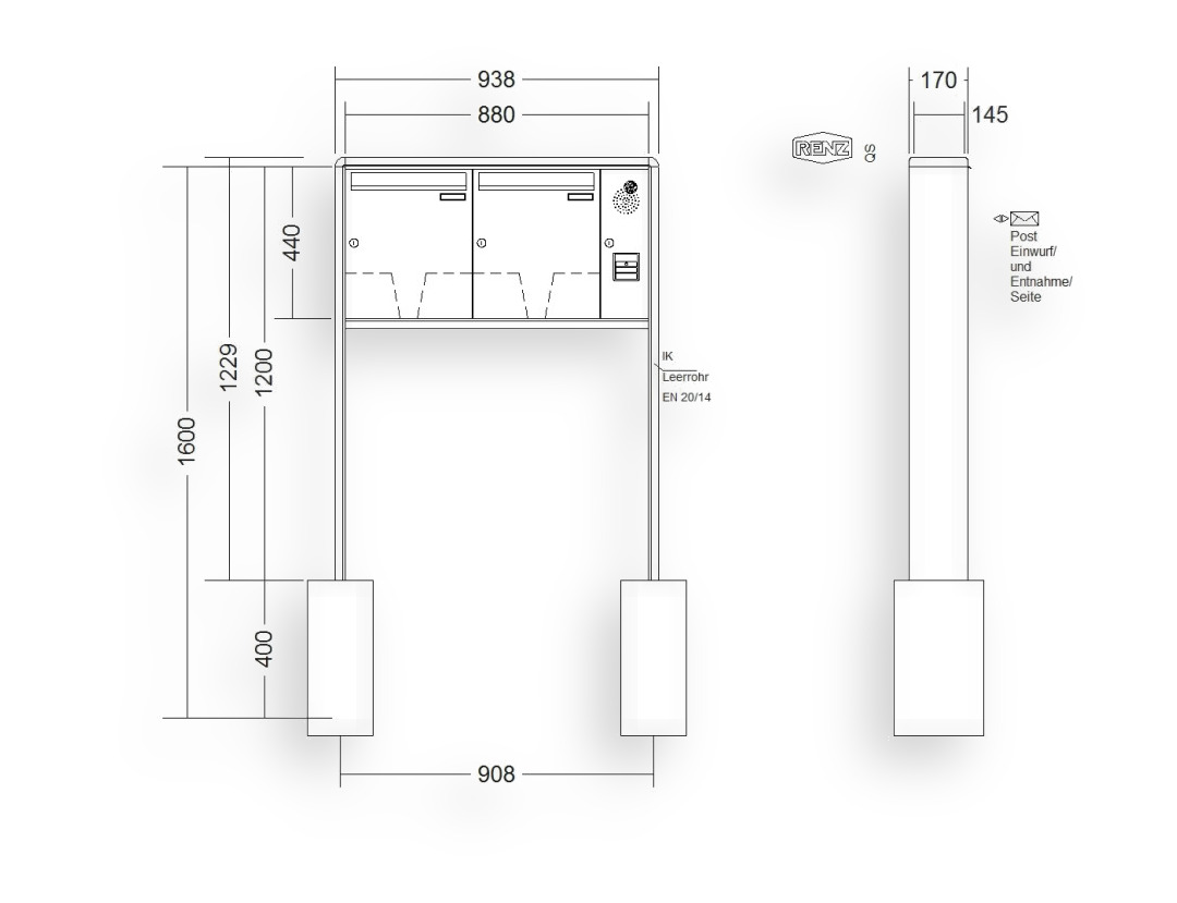 RENZ Briefkastenanlage freistehend · 2-teilig Installationskasten rechts 370 × 440 × 145 mm RS 2000 lackiert RENZ Briefkastenanlage freistehend · 2-teilig Installationskasten rechts 370 × 440 × 145 mm RS 2000 lackiert