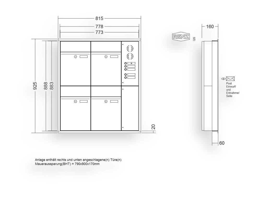 RENZ Briefkastenanlage Unterputz · 4-teilig RENZ PLAN 300 × 440 × 160 mm UP Installationskasten rechts Edel RENZ Briefkastenanlage Unterputz · 4-teilig RENZ PLAN 300 × 440 × 160 mm UP Installationskasten rechts Edel