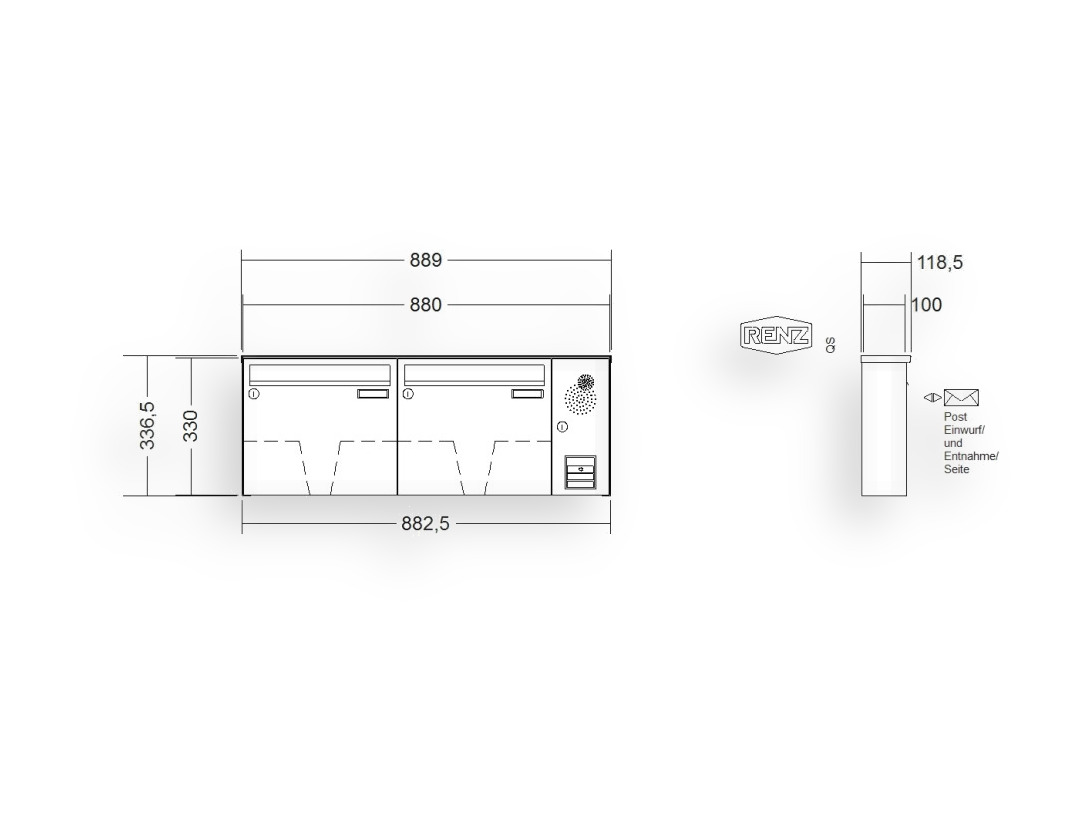 RENZ Briefkastenanlage Aufputz · BASIC (B) · 2-teilig 370 × 330 × 100 mm AP. Typ B Installationskasten rechts lackiert RENZ Briefkastenanlage Aufputz · BASIC (B) · 2-teilig 370 × 330 × 100 mm AP. Typ B Installationskasten rechts lack