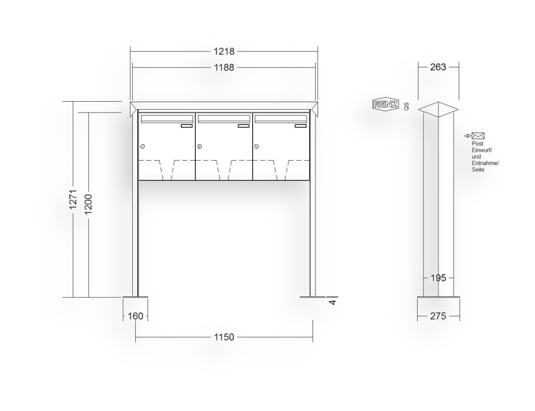 RENZ Briefkastenanlage freistehend · 3-teilig 370 × 440 × 145 mm Prisma lackiert mit Fußplatten RENZ Briefkastenanlage freistehend · 3-teilig 370 × 440 × 145 mm Prisma lackiert mit Fußplatten
