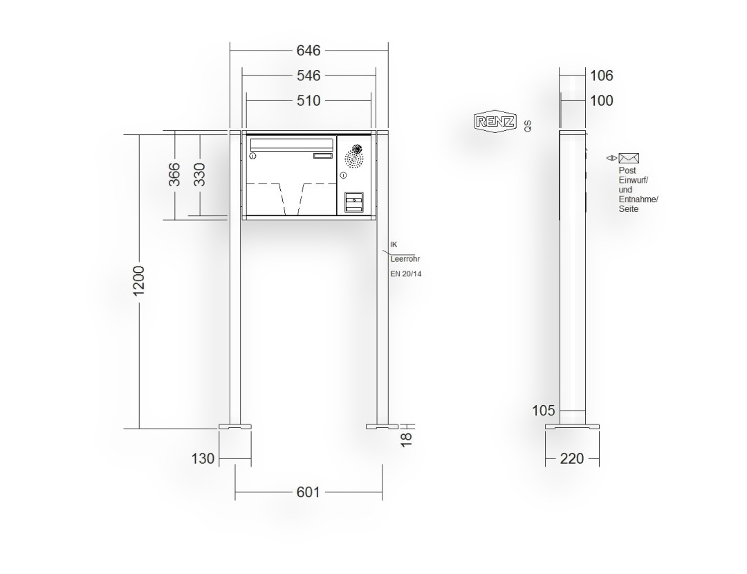 RENZ Briefkastenanlage freistehend · 1-teilig Installationskasten rechts 370 × 330 × 100 mm QUADRA lackiert mit Fu