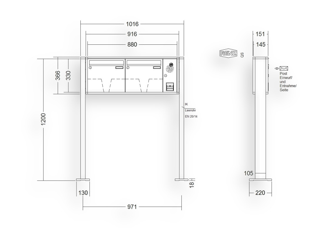 RENZ Briefkastenanlage freistehend · 2-teilig Installationskasten rechts 370 × 330 × 145 mm QUADRA lackiert mit Fußp RENZ Briefkastenanlage freistehend · 2-teilig Installationskasten rechts 370 × 330 × 145 mm QUADRA lackiert mit Fu