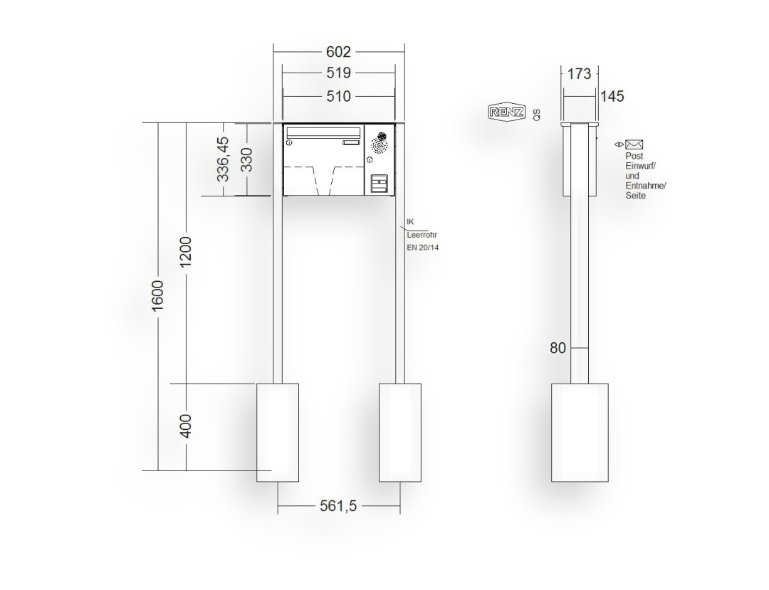 RENZ Briefkastenanlage freistehend · BASIC (B) · 1-teilig 370 × 330 × 145 mm FS. Typ B Installationskasten rechts Edel RENZ Briefkastenanlage freistehend · BASIC (B) · 1-teilig 370 × 330 × 145 mm FS. Typ B Installationskasten rechts