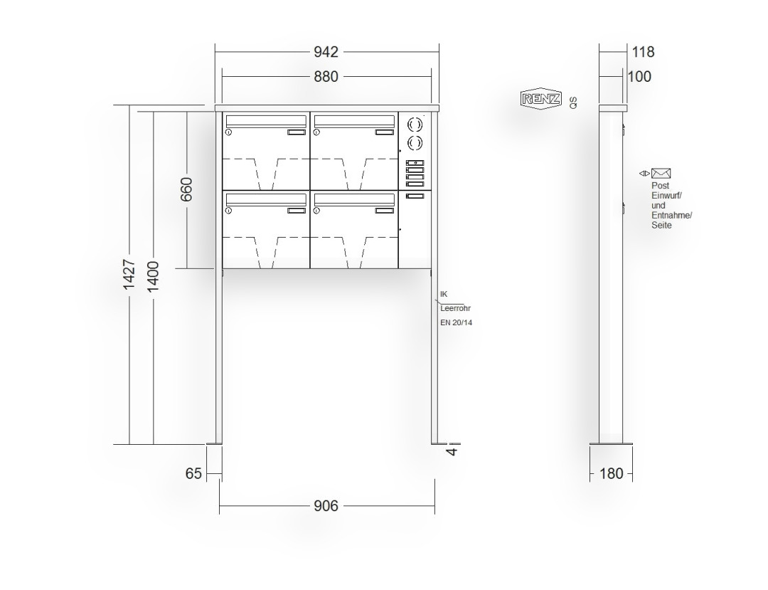 RENZ Briefkastenanlage freistehend · 4-teilig Installationskasten rechts 370 × 330 × 100 mm Edelstahl Tetro mit Fußplat RENZ Briefkastenanlage freistehend · 4-teilig Installationskasten rechts 370 × 330 × 100 mm Edelstahl Tetro mit Fu
