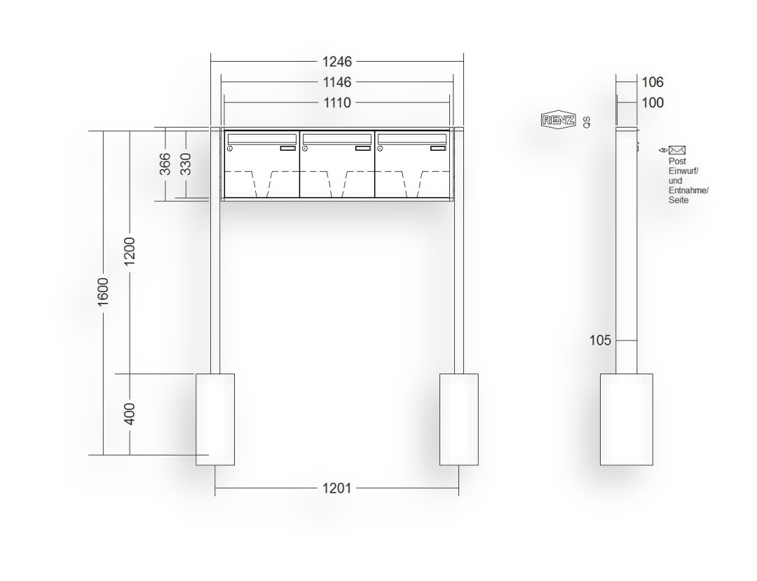 RENZ Briefkastenanlage freistehend · 3-teilig 370 × 330 × 100 mm QUADRA lackiert RENZ Briefkastenanlage freistehend · 3-teilig 370 × 330 × 100 mm QUADRA lackiert