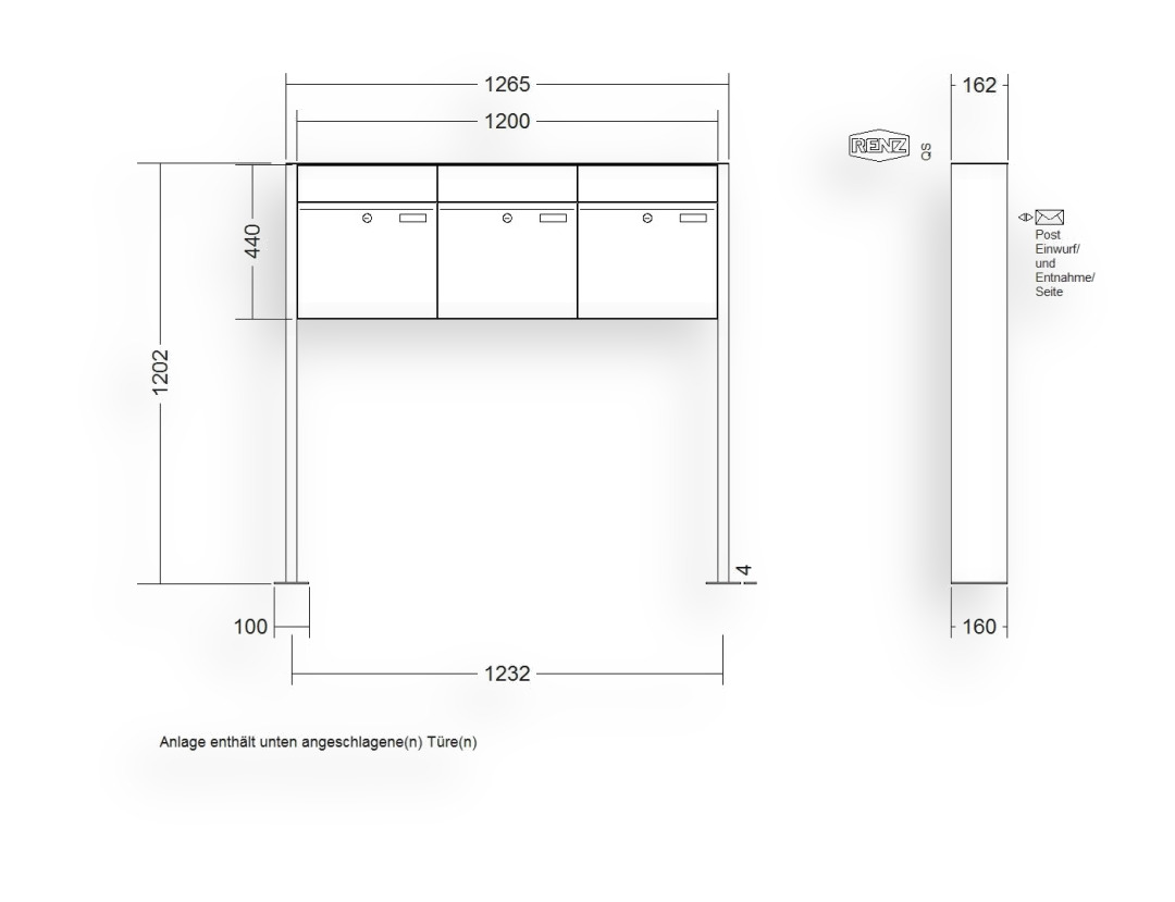 RENZ Briefkastenanlage freistehend · 3-teilig RENZ PLAN 400 × 440 × 160 mm FS Edel. mit Fußplatt