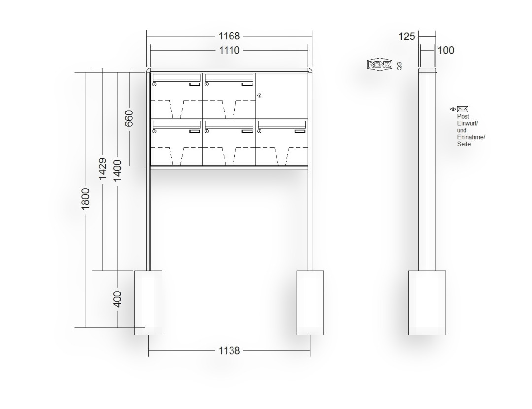 RENZ Briefkastenanlage freistehend · 5-teilig 370 × 330 × 100 mm RS 2000 lackiert RENZ Briefkastenanlage freistehend · 5-teilig 370 × 330 × 100 mm RS 2000 lackiert