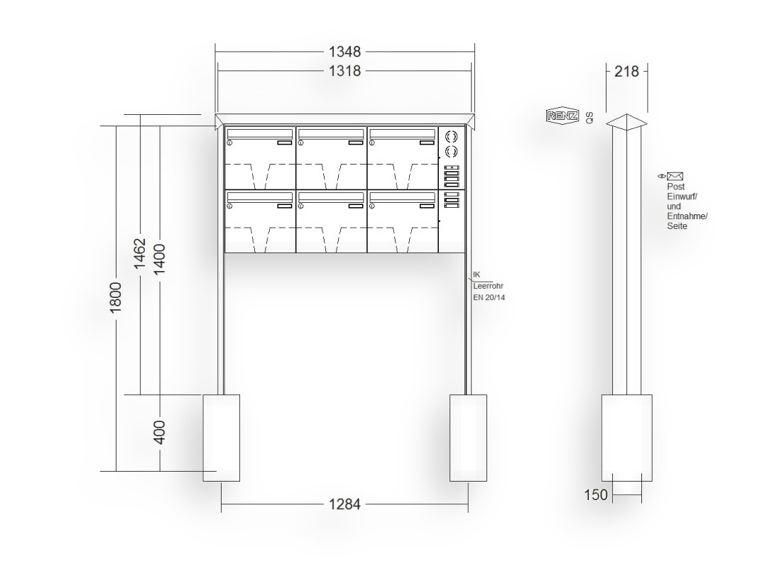 RENZ Briefkastenanlage freistehend · 6-teilig Installationskasten rechts 370 × 330 × 100 mm Edelstahl Prisma RENZ Briefkastenanlage freistehend · 6-teilig Installationskasten rechts 370 × 330 × 100 mm Edelstahl Prisma