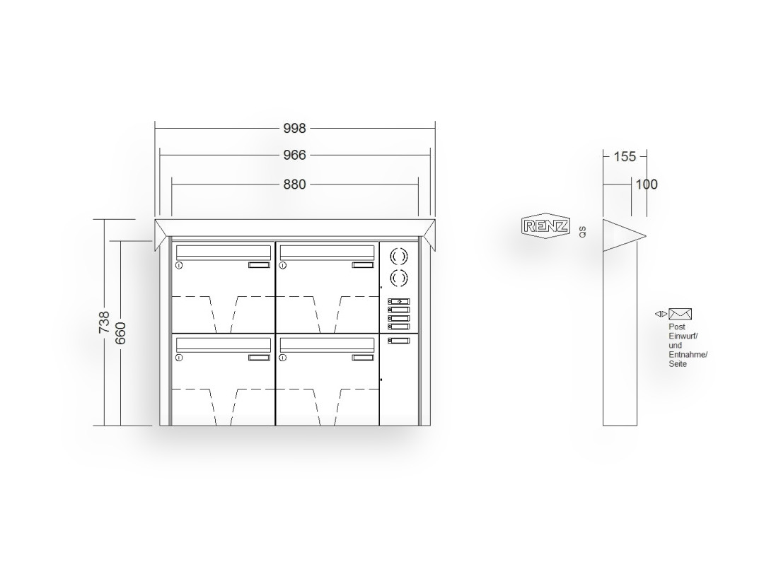 RENZ Briefkastenanlage Aufputz · 4-teilig Installationskasten rechts 370 × 330 × 100 mm Edelstahl Prisma RENZ Briefkastenanlage Aufputz · 4-teilig Installationskasten rechts 370 × 330 × 100 mm Edelstahl Prisma