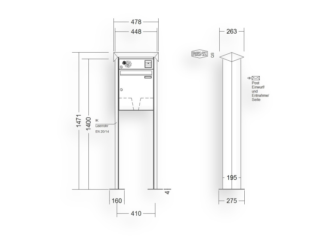 RENZ Briefkastenanlage freistehend · 1-teilig Installationskasten oben 370 × 440 × 145 mm Prisma lackiert mit Fuß RENZ Briefkastenanlage freistehend · 1-teilig Installationskasten oben 370 × 440 × 145 mm Prisma lackiert mit Fuß