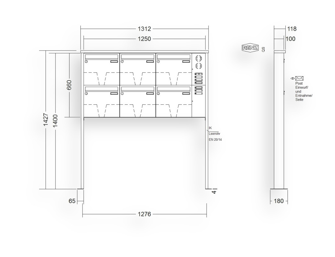 RENZ Briefkastenanlage freistehend · 6-teilig Installationskasten rechts 370 × 330 × 100 mm Edelstahl Tetro mit Fußplat RENZ Briefkastenanlage freistehend · 6-teilig Installationskasten rechts 370 × 330 × 100 mm Edelstahl Tetro mit Fu