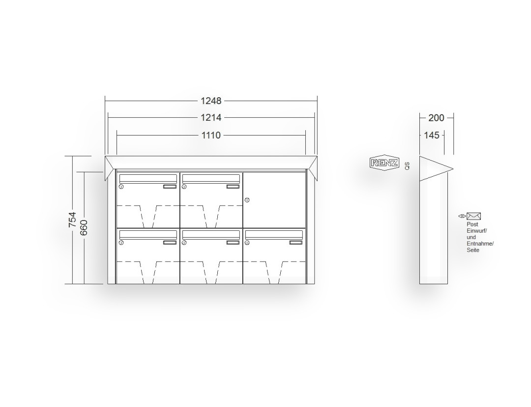 RENZ Briefkastenanlage Aufputz · 5-teilig 370 × 330 × 145 mm Prisma lackiert RENZ Briefkastenanlage Aufputz · 5-teilig 370 × 330 × 145 mm Prisma lackiert