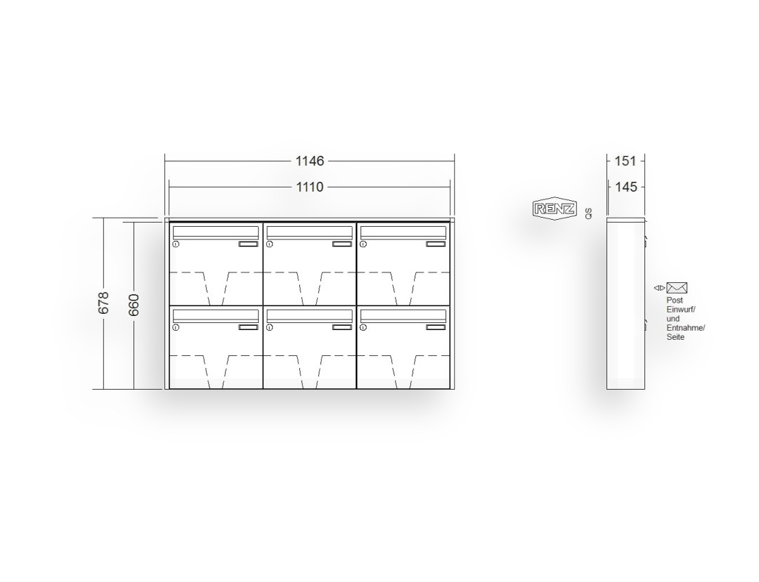 RENZ Briefkastenanlage Aufputz · 6-teilig 370 × 330 × 145 mm QUADRA lackiert RENZ Briefkastenanlage Aufputz · 6-teilig 370 × 330 × 145 mm QUADRA lackiert