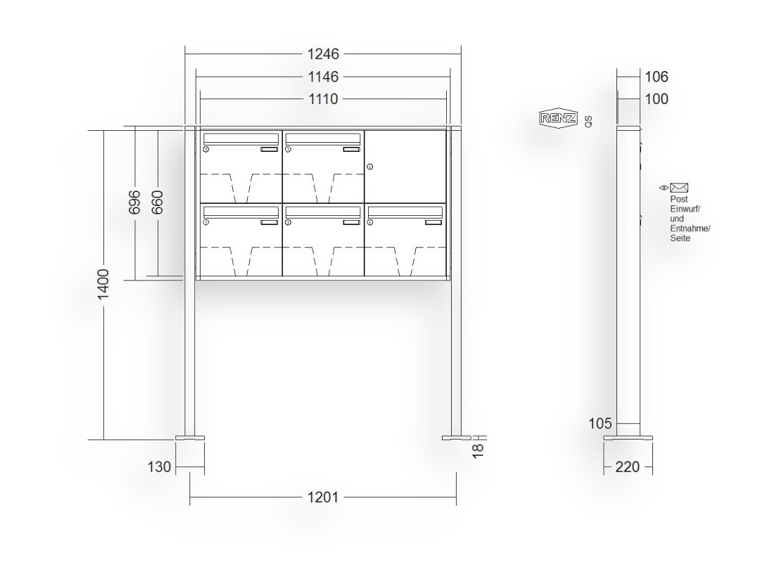 RENZ Briefkastenanlage freistehend · 5-teilig 370 × 330 × 100 mm QUADRA lackiert mit Fußplatten RENZ Briefkastenanlage freistehend · 5-teilig 370 × 330 × 100 mm QUADRA lackiert mit Fußplatten