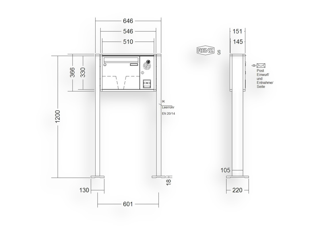 RENZ Briefkastenanlage freistehend · 1-teilig Installationskasten rechts 370 × 330 × 145 mm QUADRA lackiert mit Fußp RENZ Briefkastenanlage freistehend · 1-teilig Installationskasten rechts 370 × 330 × 145 mm QUADRA lackiert mit Fu