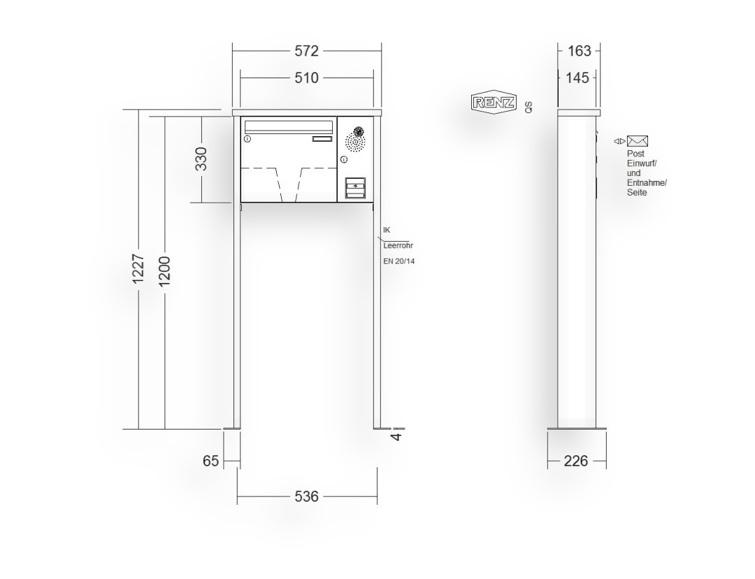 RENZ Briefkastenanlage freistehend · 1-teilig Installationskasten rechts 370 × 330 × 145 mm Tetro lackiert mit Fuß RENZ Briefkastenanlage freistehend · 1-teilig Installationskasten rechts 370 × 330 × 145 mm Tetro lackiert mit Fuß
