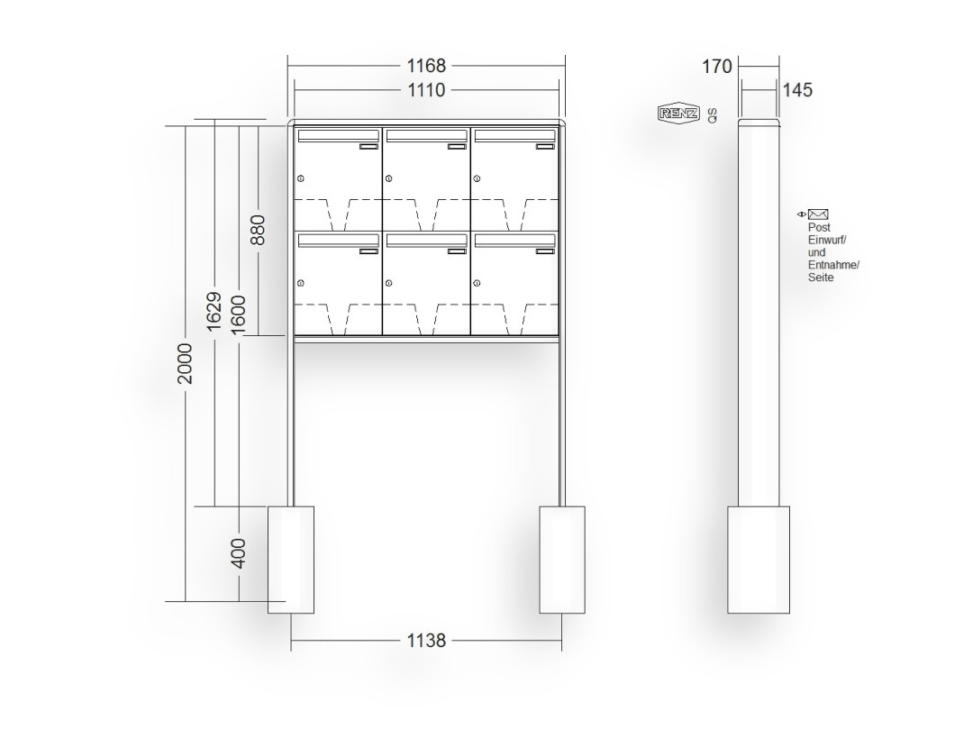 RENZ Briefkastenanlage freistehend · 6-teilig 370 × 440 × 145 mm RS 2000 lackiert RENZ Briefkastenanlage freistehend · 6-teilig 370 × 440 × 145 mm RS 2000 lackiert