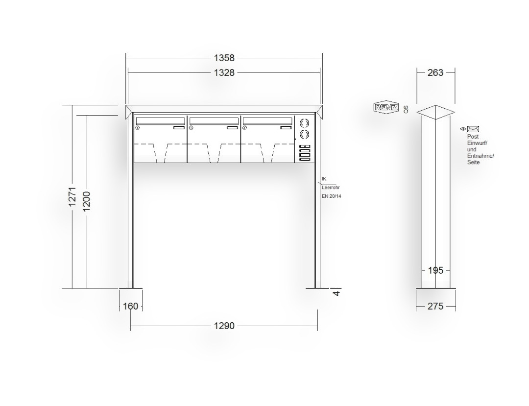 RENZ Briefkastenanlage freistehend · 3-teilig Installationskasten rechts 370 × 330 × 145 mm Edelstahl Prisma mit Fußplat RENZ Briefkastenanlage freistehend · 3-teilig Installationskasten rechts 370 × 330 × 145 mm Edelstahl Prisma mit F