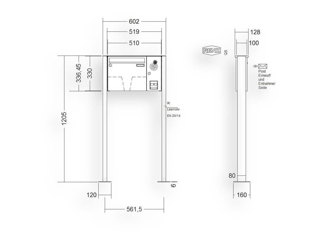 RENZ Briefkastenanlage freistehend · BASIC (B) · 1-teilig 370 × 330 × 100 mm FS. Typ B Installationskasten rechts Edel. mit Fu RENZ Briefkastenanlage freistehend · BASIC (B) · 1-teilig 370 × 330 × 100 mm FS. Typ B Installationskasten rechts