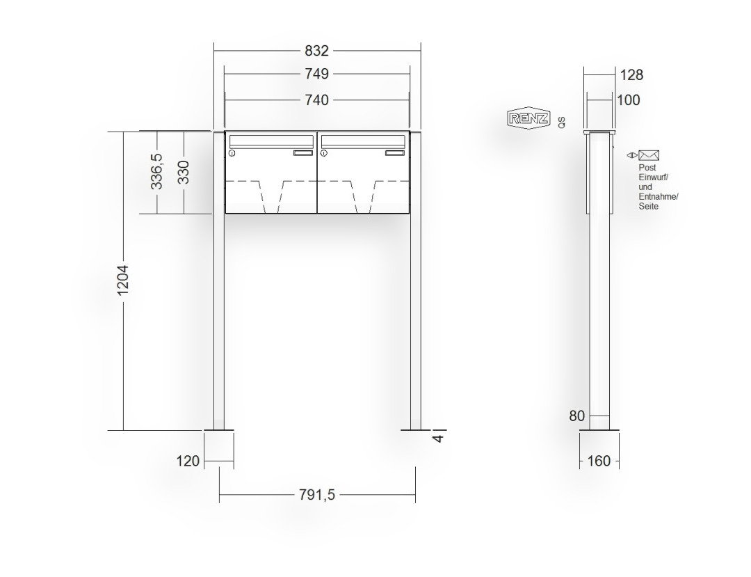 RENZ Briefkastenanlage freistehend · BASIC (B) · 2-teilig 370 × 330 × 100 mm FS. Typ B lackiert mit Fußplatte RENZ Briefkastenanlage freistehend · BASIC (B) · 2-teilig 370 × 330 × 100 mm FS. Typ B lackiert mit Fußplatte