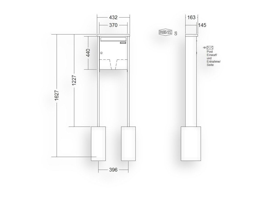 RENZ Briefkastenanlage freistehend · 1-teilig 370 × 440 × 145 mm Tetro lackiert RENZ Briefkastenanlage freistehend · 1-teilig 370 × 440 × 145 mm Tetro lackiert