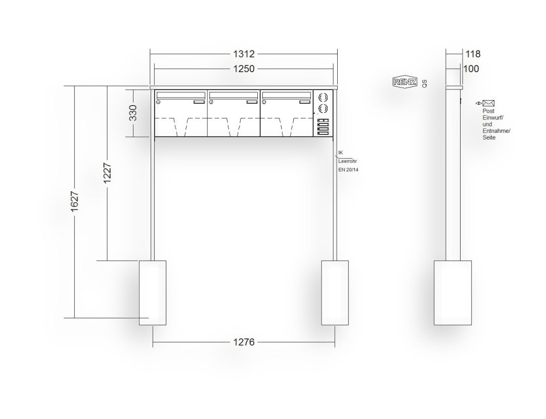 RENZ Briefkastenanlage freistehend · 3-teilig Installationskasten rechts 370 × 330 × 100 mm Edelstahl Tetro RENZ Briefkastenanlage freistehend · 3-teilig Installationskasten rechts 370 × 330 × 100 mm Edelstahl Tetro