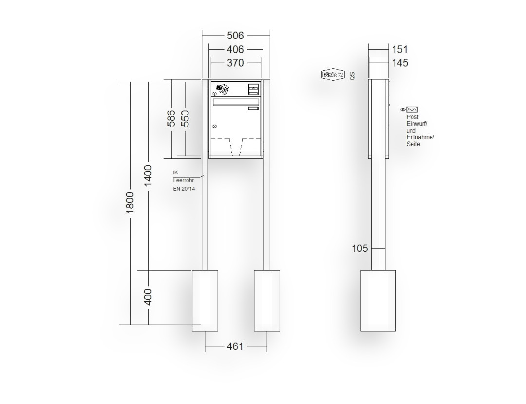 RENZ Briefkastenanlage freistehend · 1-teilig Installationskasten oben 370 × 440 × 145 mm QUADRA lackiert
