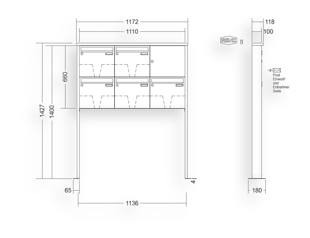 RENZ Briefkastenanlage freistehend · 5-teilig 370 × 330 × 100 mm Tetro lackiert mit Fußplatten RENZ Briefkastenanlage freistehend · 5-teilig 370 × 330 × 100 mm Tetro lackiert mit Fußplatten