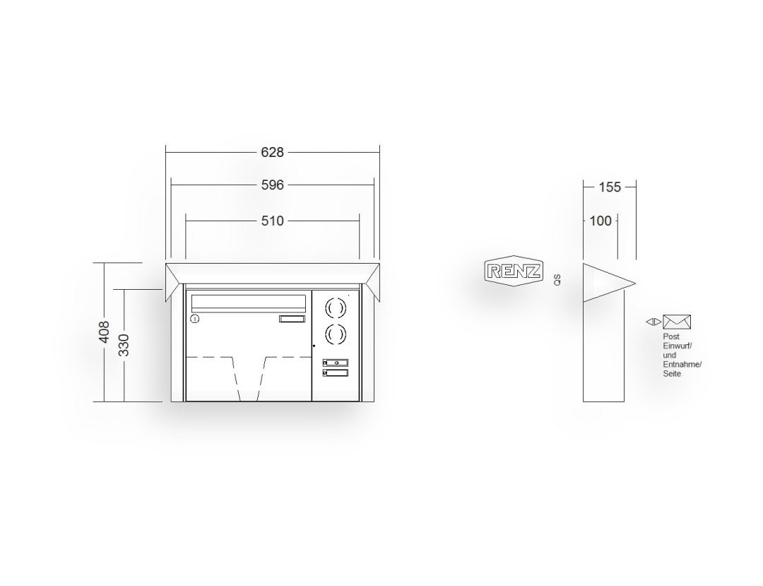 RENZ Briefkastenanlage Aufputz · 1-teilig Installationskasten rechts 370 × 330 × 100 mm Edelstahl Prisma RENZ Briefkastenanlage Aufputz · 1-teilig Installationskasten rechts 370 × 330 × 100 mm Edelstahl Prisma
