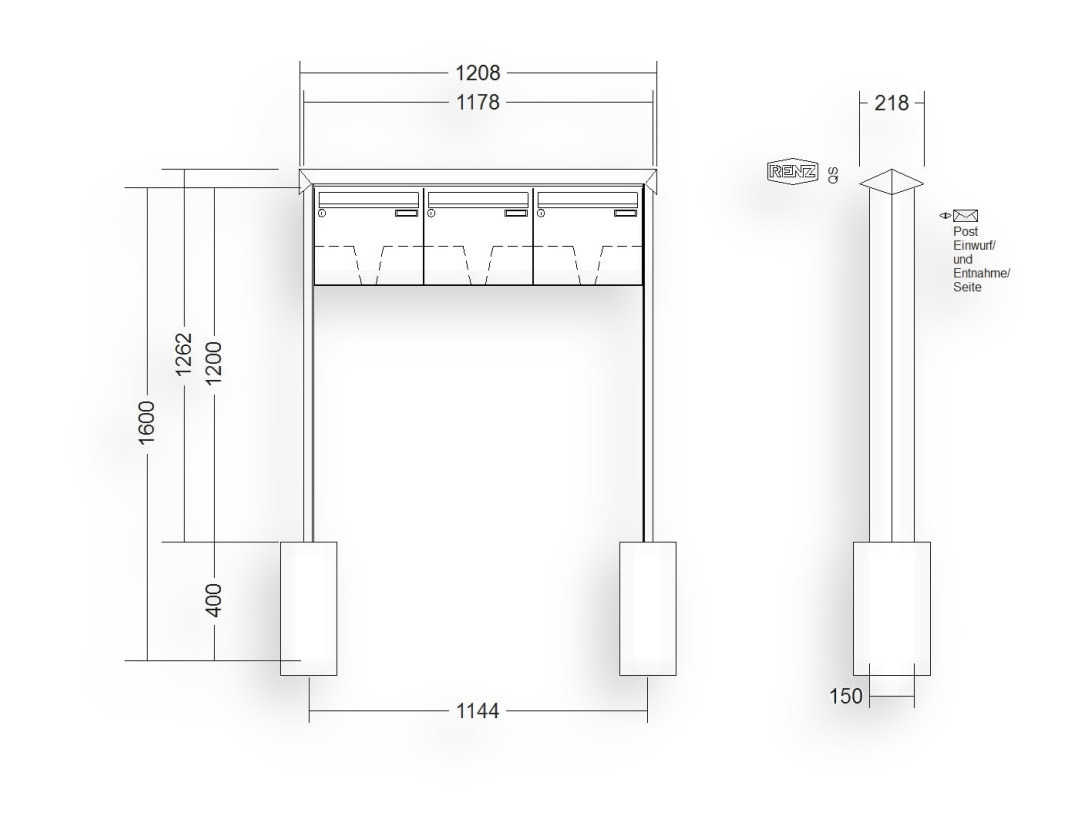 RENZ Briefkastenanlage freistehend · 3-teilig 370 × 330 × 100 mm Edelstahl Prisma RENZ Briefkastenanlage freistehend · 3-teilig 370 × 330 × 100 mm Edelstahl Prisma