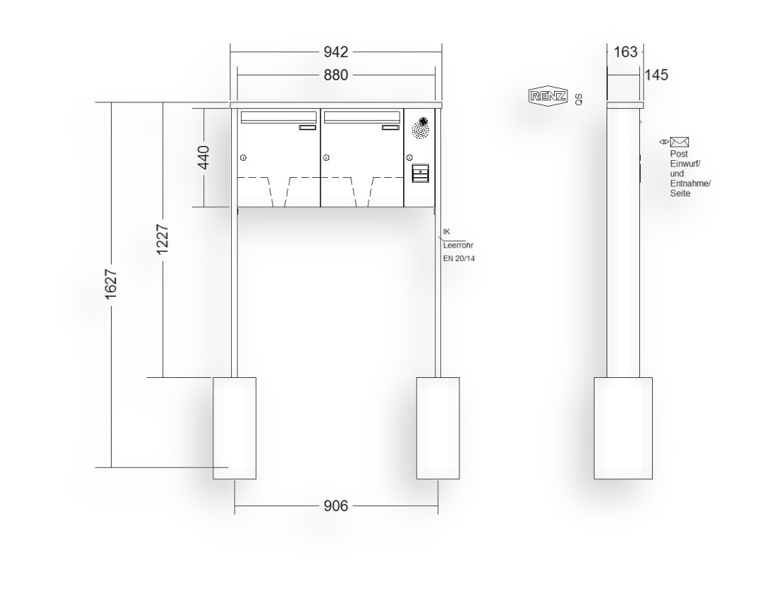 RENZ Briefkastenanlage freistehend · 2-teilig Installationskasten rechts 370 × 440 × 145 mm Tetro lackiert RENZ Briefkastenanlage freistehend · 2-teilig Installationskasten rechts 370 × 440 × 145 mm Tetro lackiert