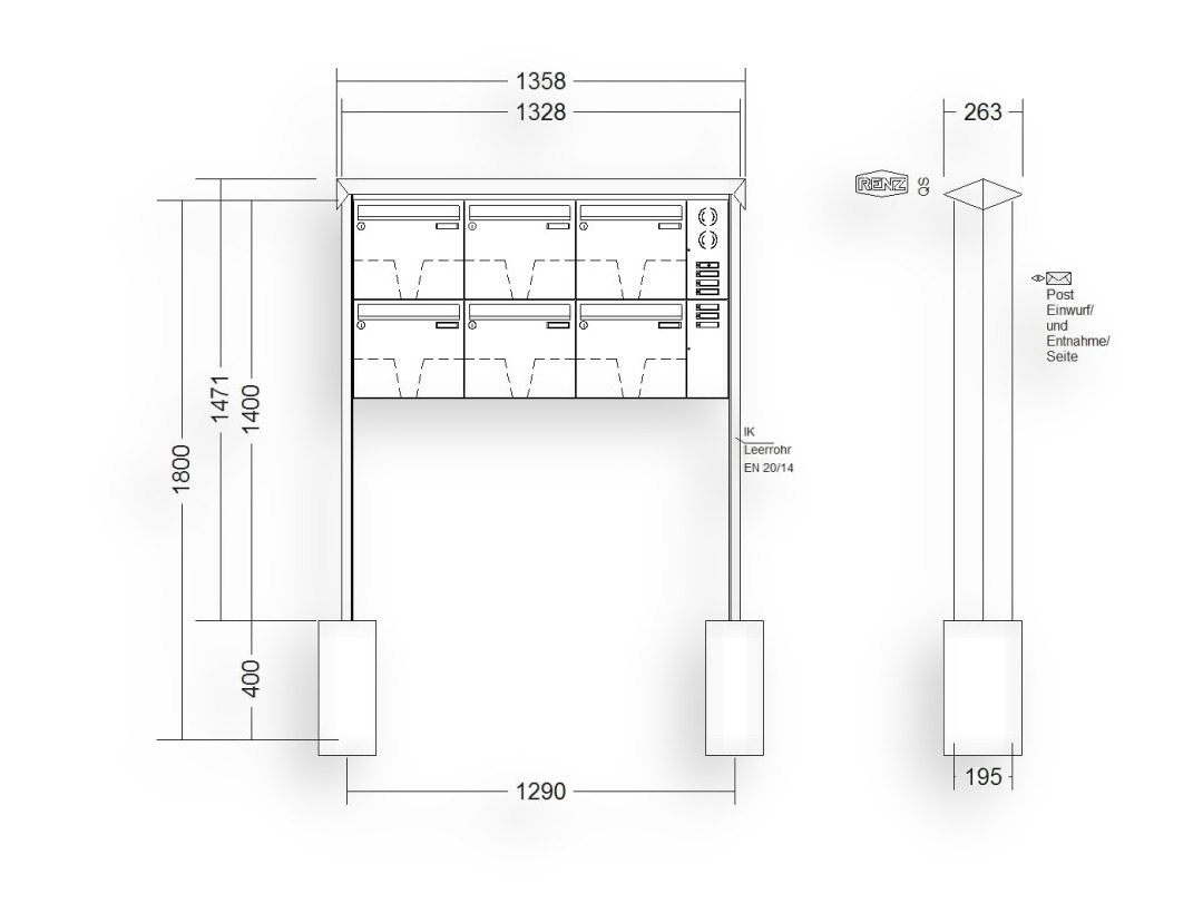 RENZ Briefkastenanlage freistehend · 6-teilig Installationskasten rechts 370 × 330 × 145 mm Edelstahl Prisma RENZ Briefkastenanlage freistehend · 6-teilig Installationskasten rechts 370 × 330 × 145 mm Edelstahl Prisma