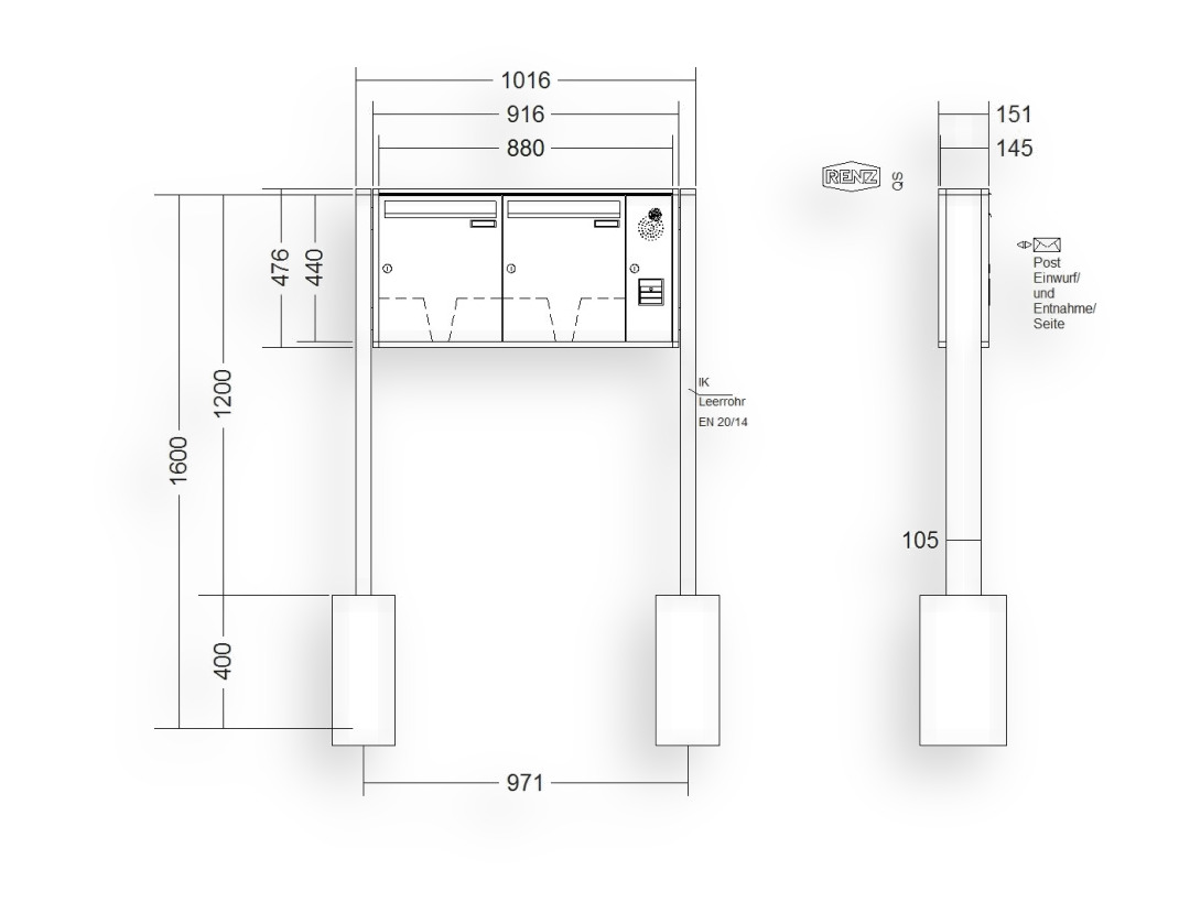 RENZ Briefkastenanlage freistehend · 2-teilig Installationskasten rechts 370 × 440 × 145 mm QUADRA lackiert RENZ Briefkastenanlage freistehend · 2-teilig Installationskasten rechts 370 × 440 × 145 mm QUADRA lackiert