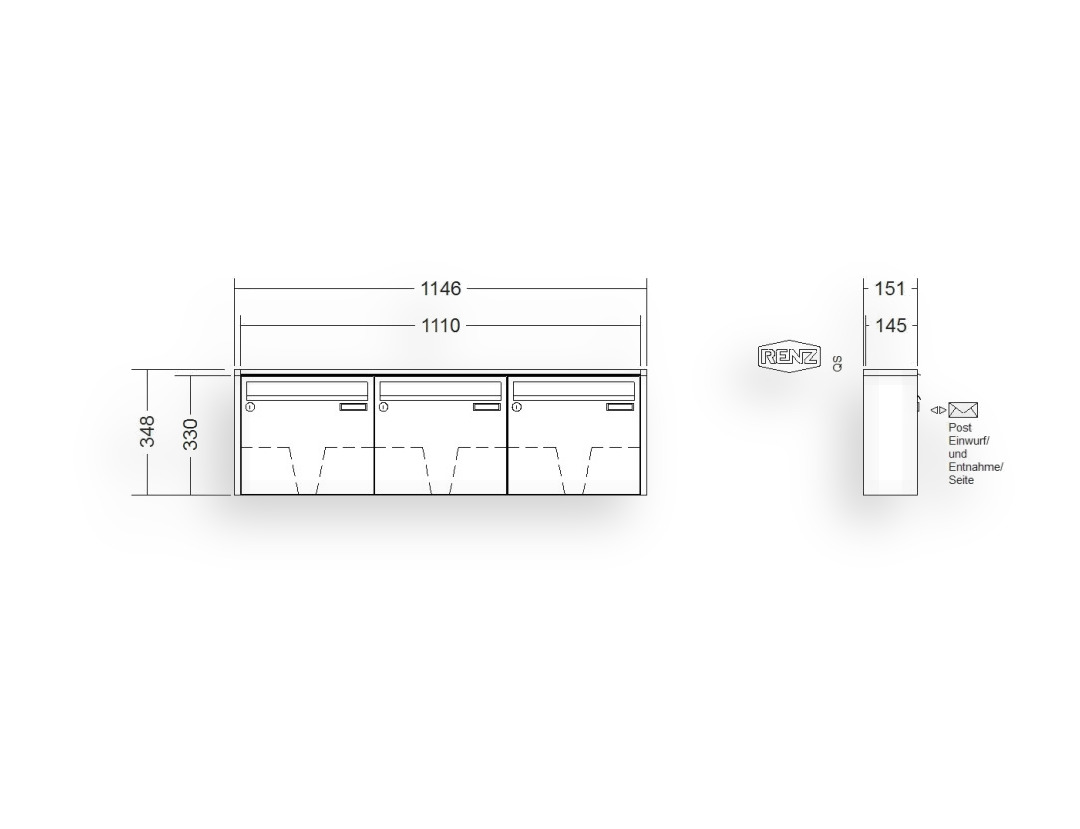 RENZ Briefkastenanlage Aufputz · 3-teilig 370 × 330 × 145 mm QUADRA lackiert RENZ Briefkastenanlage Aufputz · 3-teilig 370 × 330 × 145 mm QUADRA lackiert