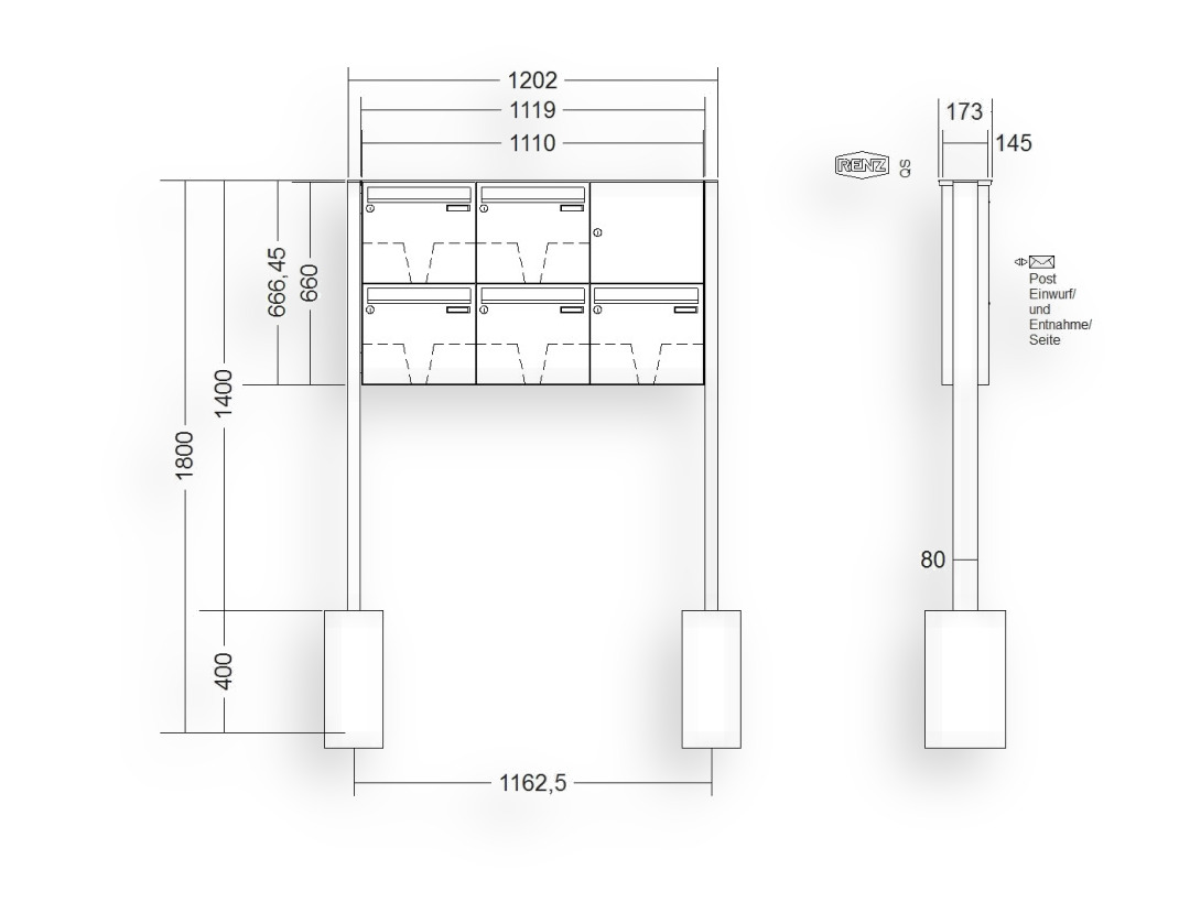RENZ Briefkastenanlage freistehend · BASIC (B) · 5-teilig 370 × 330 × 145 mm FS. Typ B Edel RENZ Briefkastenanlage freistehend · BASIC (B) · 5-teilig 370 × 330 × 145 mm FS. Typ B Edel