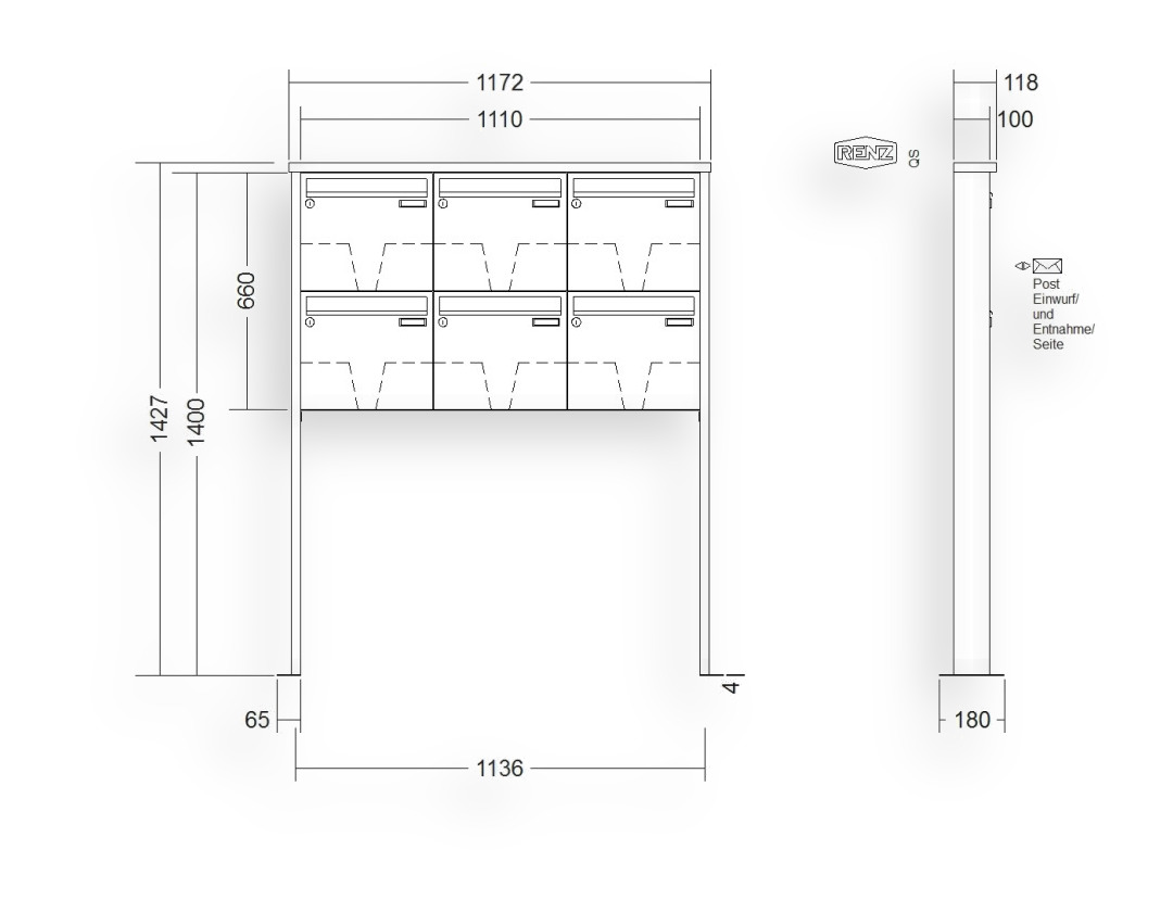RENZ Briefkastenanlage freistehend · 6-teilig 370 × 330 × 100 mm Tetro lackiert mit Fußplatten RENZ Briefkastenanlage freistehend · 6-teilig 370 × 330 × 100 mm Tetro lackiert mit Fußplatten