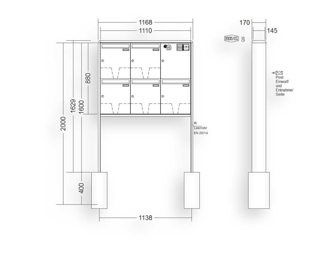 RENZ Briefkastenanlage freistehend · 5-teilig Installationskasten rechts 370 × 440 × 145 mm RS 2000 lackiert RENZ Briefkastenanlage freistehend · 5-teilig Installationskasten rechts 370 × 440 × 145 mm RS 2000 lackiert