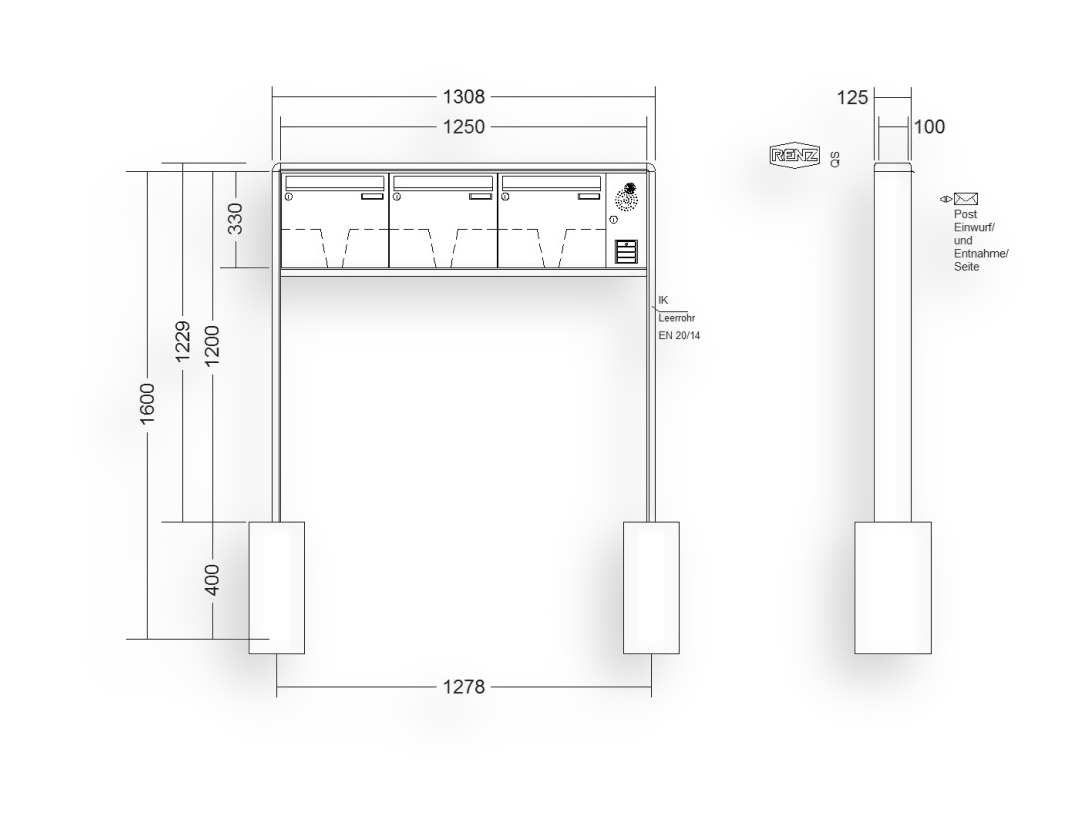 RENZ Briefkastenanlage freistehend · 3-teilig Installationskasten rechts 370 × 330 × 100 mm RS 2000 lackiert RENZ Briefkastenanlage freistehend · 3-teilig Installationskasten rechts 370 × 330 × 100 mm RS 2000 lackiert