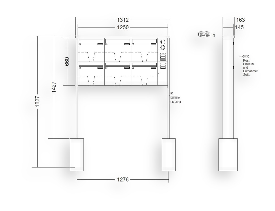 RENZ Briefkastenanlage freistehend · 6-teilig Installationskasten rechts 370 × 330 × 145 mm Edelstahl Tetro RENZ Briefkastenanlage freistehend · 6-teilig Installationskasten rechts 370 × 330 × 145 mm Edelstahl Tetro
