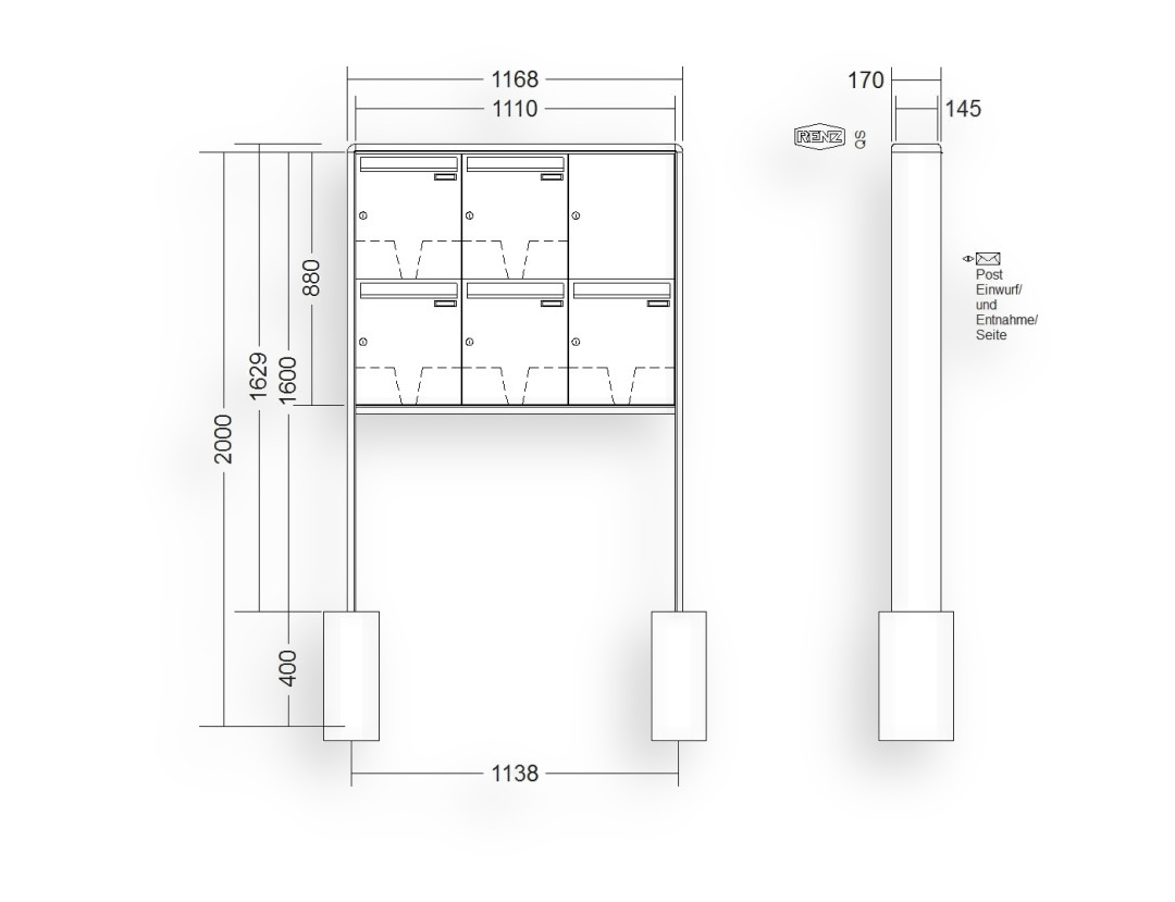 RENZ Briefkastenanlage freistehend · 5-teilig 370 × 440 × 145 mm RS 2000 lackiert RENZ Briefkastenanlage freistehend · 5-teilig 370 × 440 × 145 mm RS 2000 lackiert