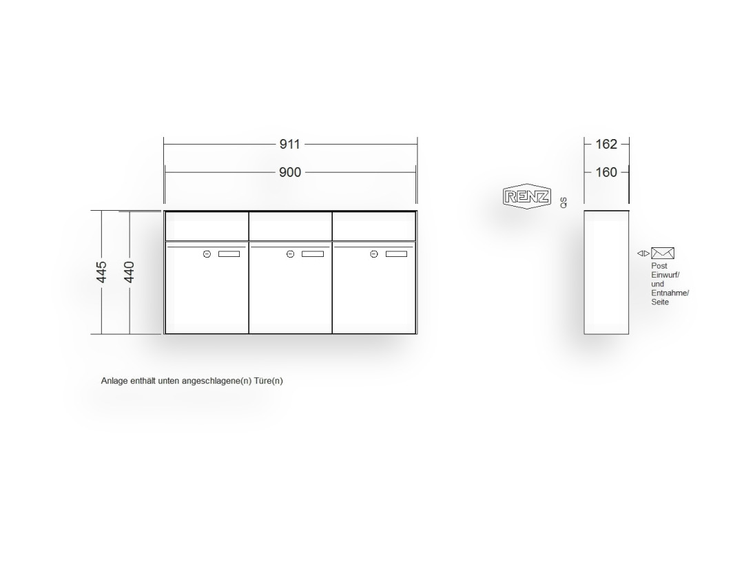 RENZ Briefkastenanlage Aufputz · 3-teilig RENZ PLAN 300 × 440 × 160 mm AP lackiert RENZ Briefkastenanlage Aufputz · 3-teilig RENZ PLAN 300 × 440 × 160 mm AP lackiert