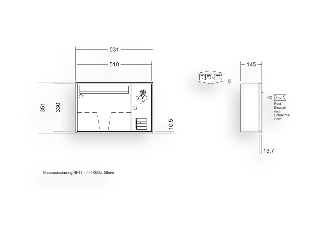 RENZ Briefkastenanlage Unterputz · Schattenfugenrahmen · 1-teilig Installationskasten rechts 370 × 330 × 145 mm Anp. Schattenfugenr RENZ Briefkastenanlage Unterputz · Schattenfugenrahmen · 1-teilig Installationskasten rechts 370 × 330 × 145 mm An