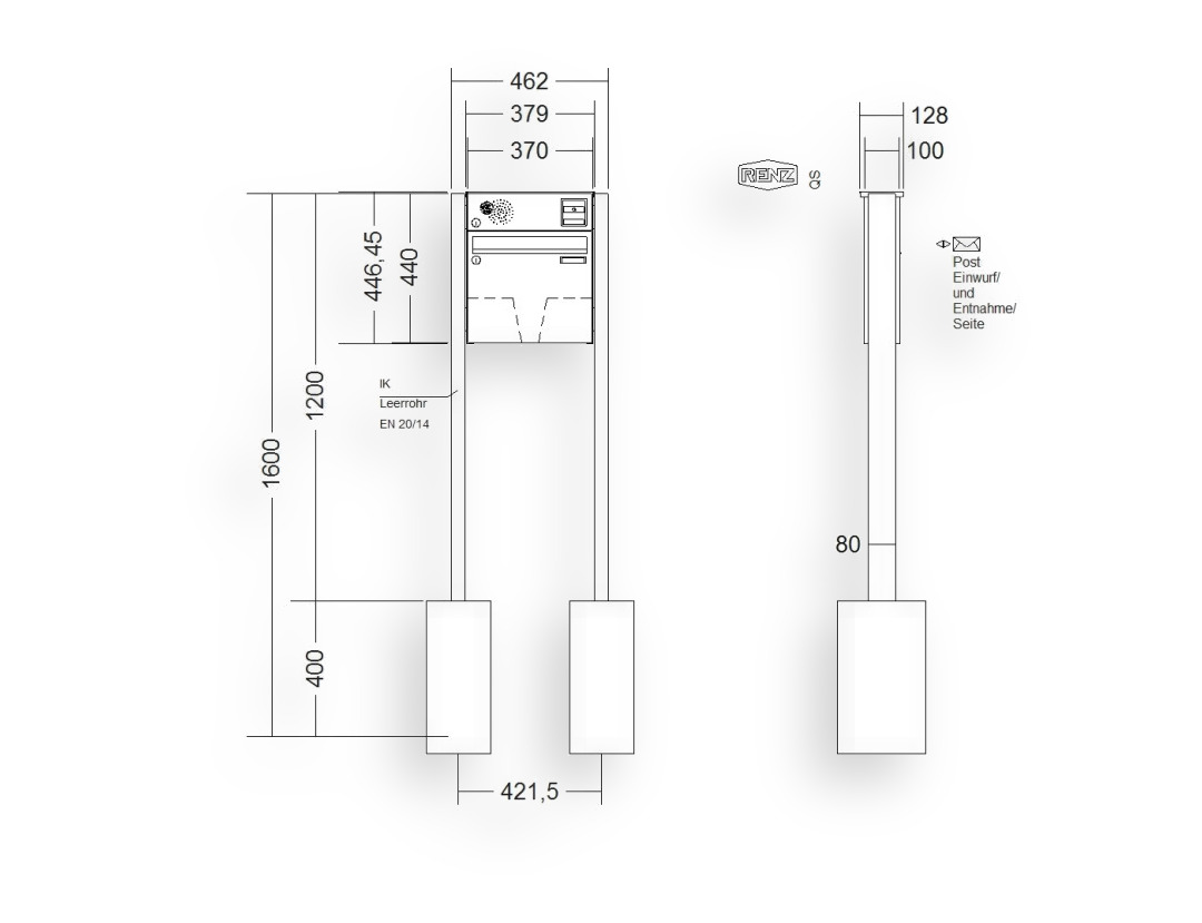 RENZ Briefkastenanlage freistehend · BASIC (B) · 1-teilig 370 × 330 × 100 mm FS. Typ B Inst. Edel RENZ Briefkastenanlage freistehend · BASIC (B) · 1-teilig 370 × 330 × 100 mm FS. Typ B Inst. Edel