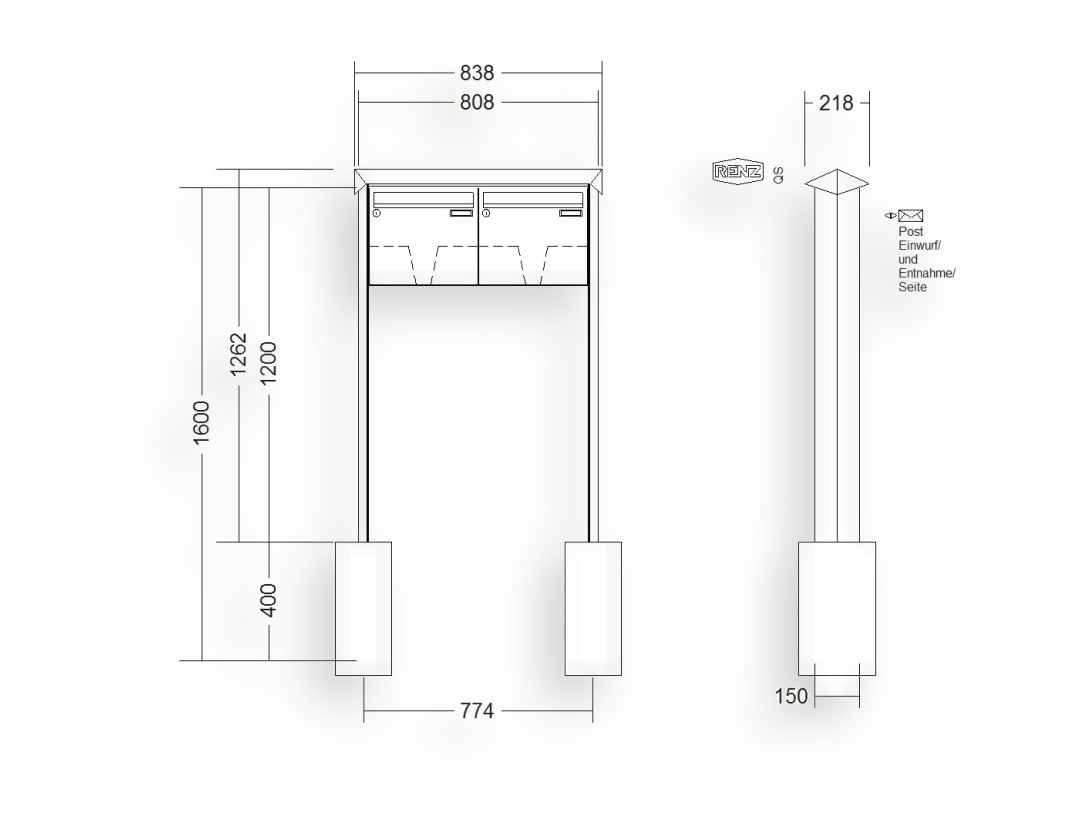 RENZ Briefkastenanlage freistehend · 2-teilig 370 × 330 × 100 mm Prisma lackiert RENZ Briefkastenanlage freistehend · 2-teilig 370 × 330 × 100 mm Prisma lackiert