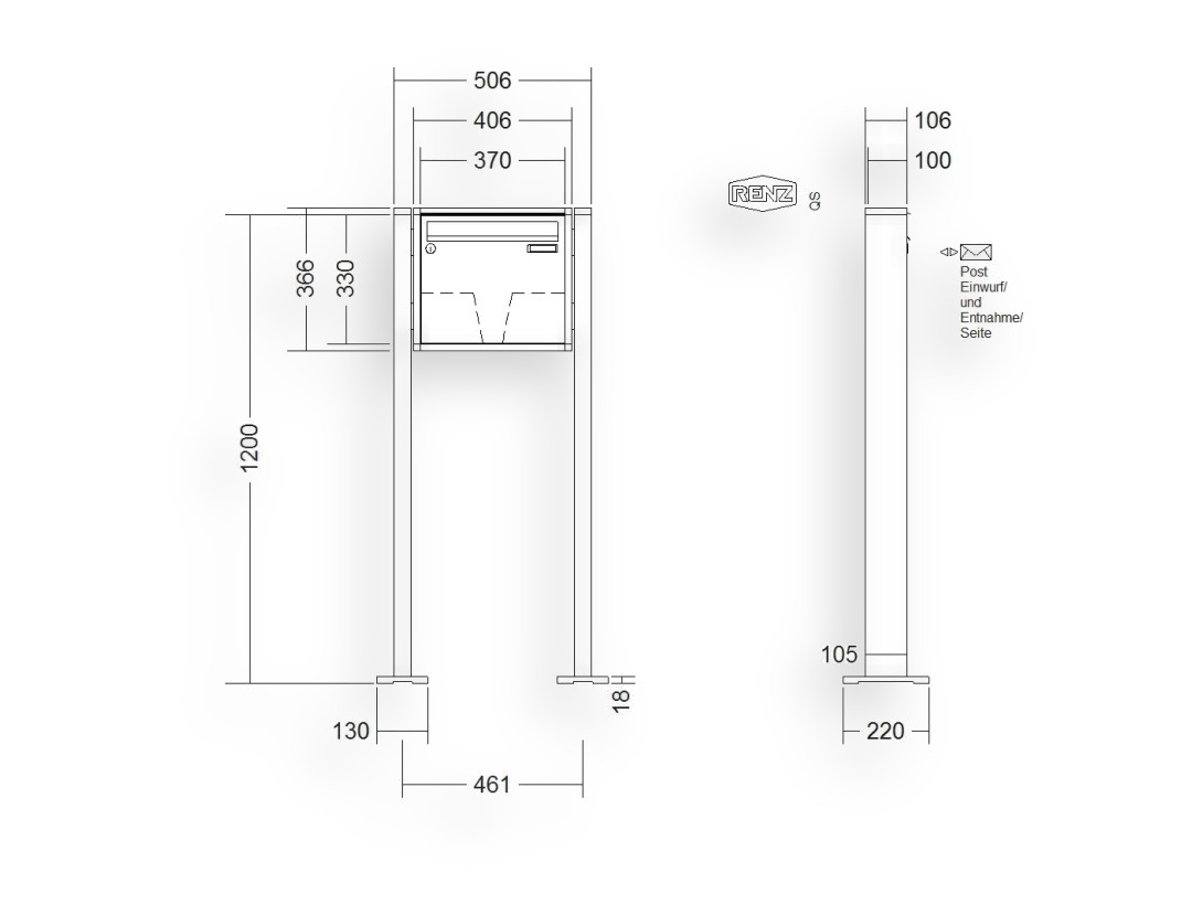 RENZ Briefkastenanlage freistehend · 1-teilig 370 × 330 × 100 mm QUADRA lackiert mit Fußplatten