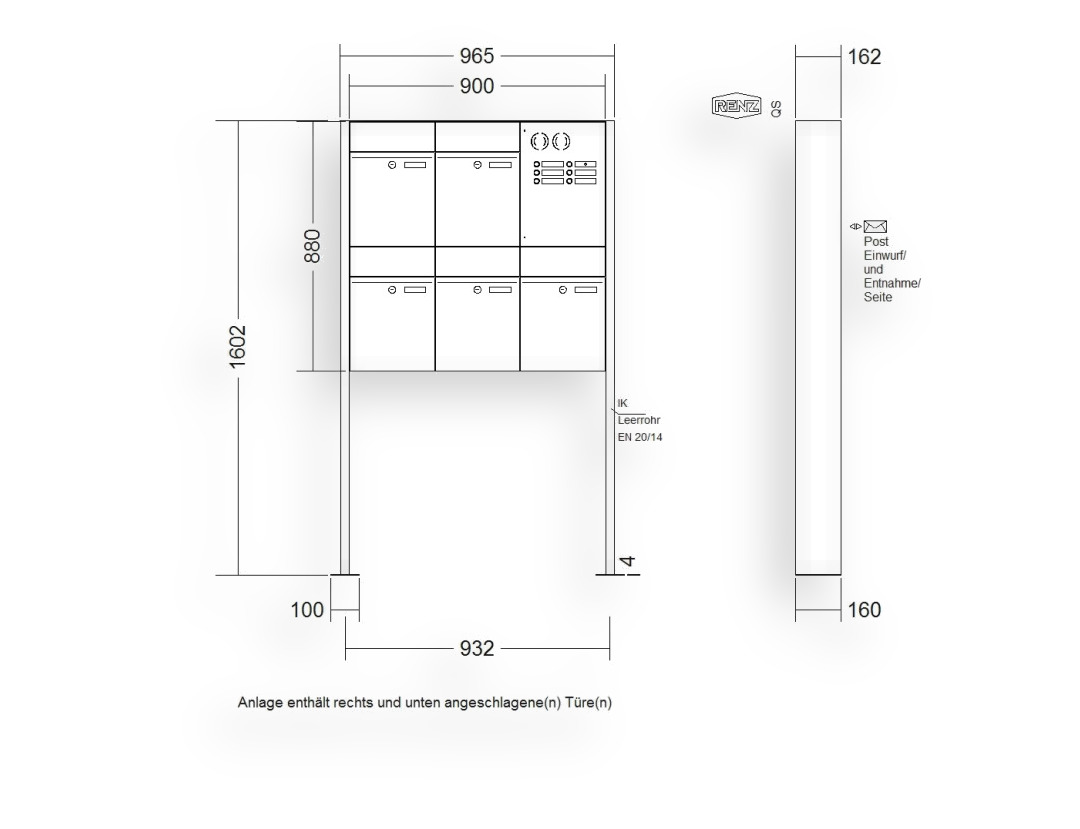 RENZ Briefkastenanlage freistehend · 5-teilig RENZ PLAN 300 × 440 × 160 mm FS Installationskasten rechts lackiert mit RENZ Briefkastenanlage freistehend · 5-teilig RENZ PLAN 300 × 440 × 160 mm FS Installationskasten rechts lackiert